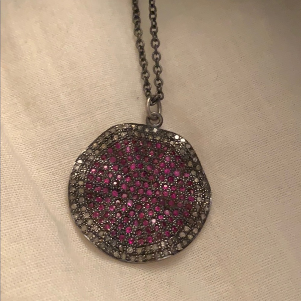 Pink sapphires and diamond pendant wave necklace
